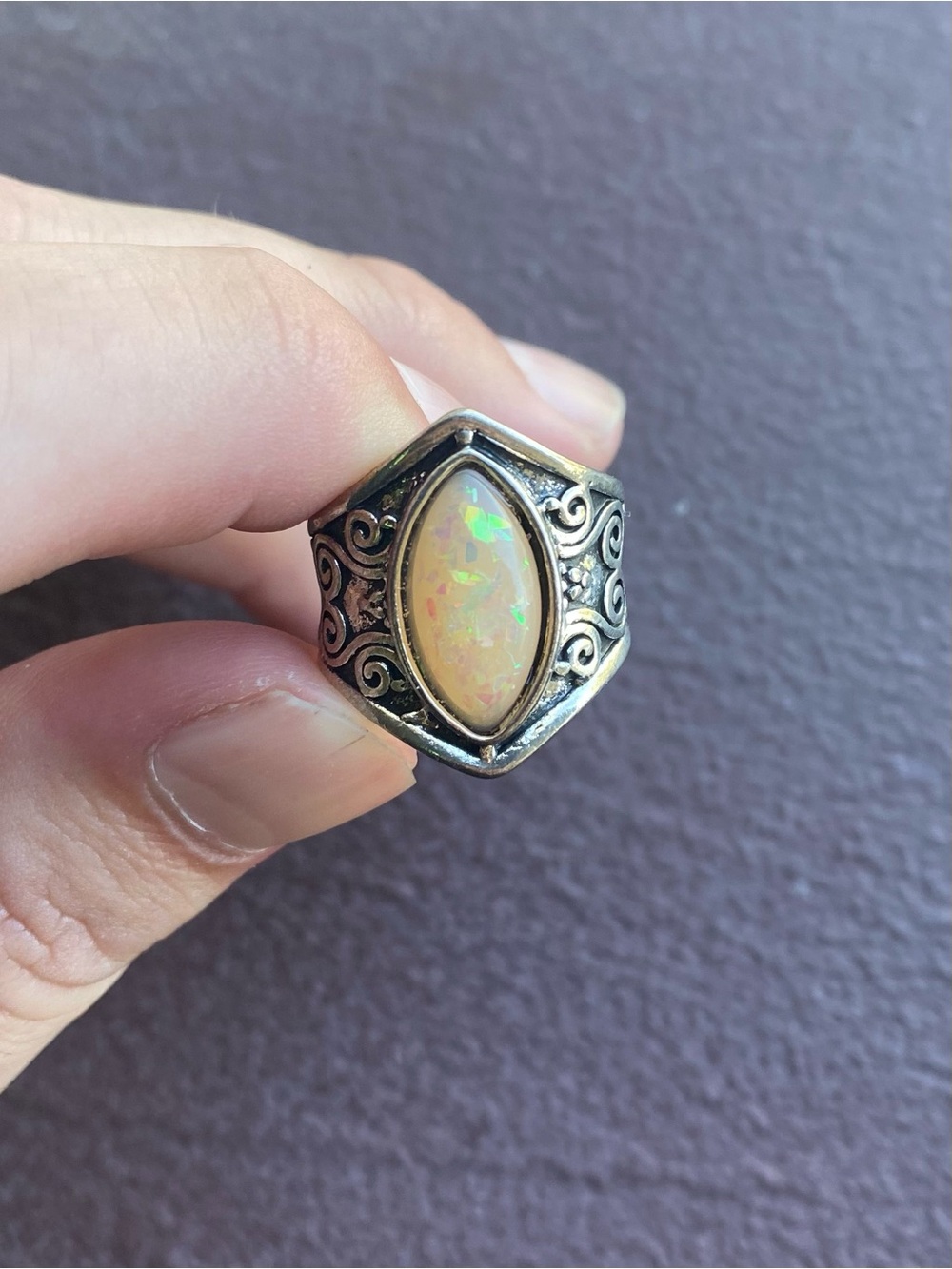 Lab-Created Opal Statement Ring / Stainless Steel Band Size 5